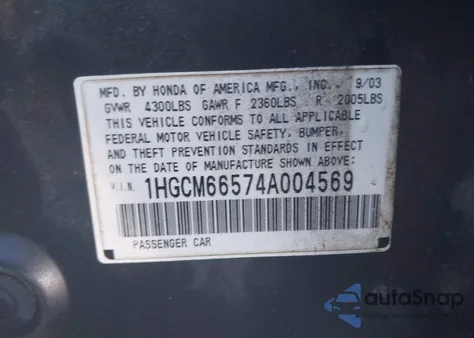 2004 Honda Accord 3.0 Ex from USA, damaged, VIN 1HGCM66574A004569